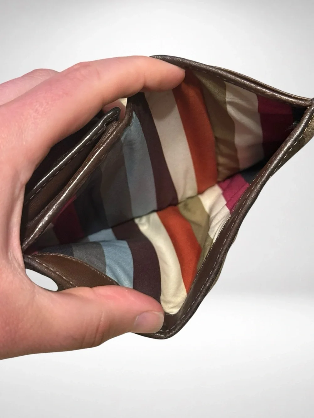 COACH Poppy Legacy Stripe Signature Bifold Wallet Khaki Brown Jacquard